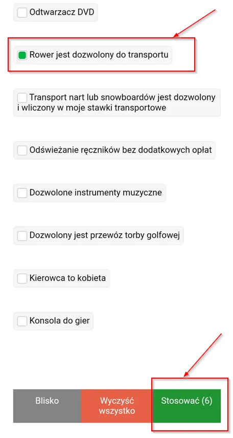 Fragment strony internetowej z filtrem do wyboru rodzajów bagażu.