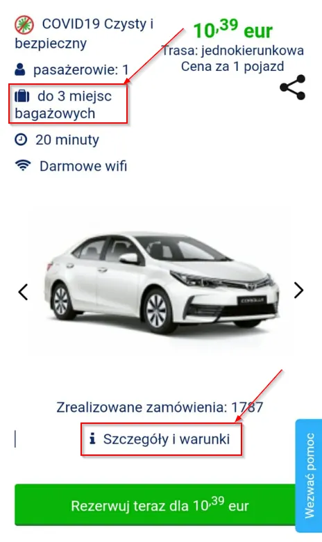 Fragment strony internetowej z opisem samochodu