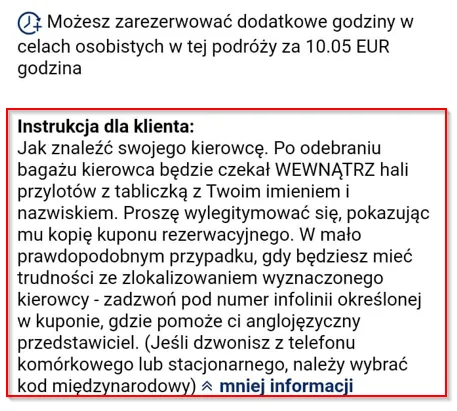 Instrukcja dla klienta, aby spotkać się z kierowcą do wspólnego transferu