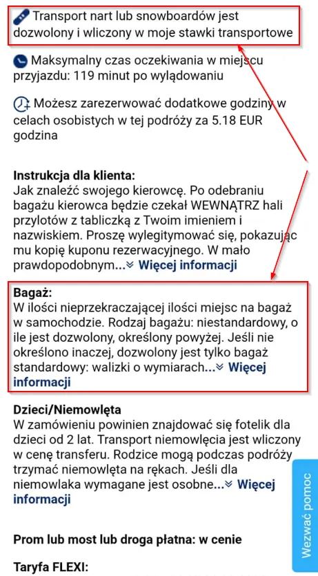 Fragment strony internetowej z opisem opcji samochodu.