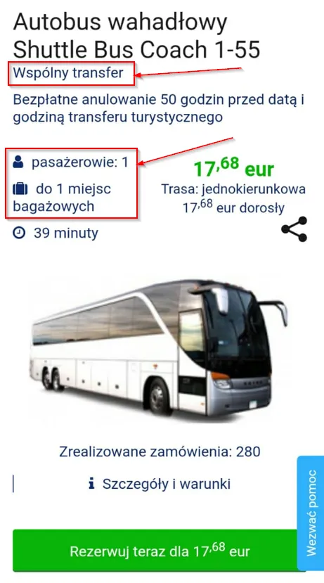 Fragment strony internetowej z opisem samochodu.