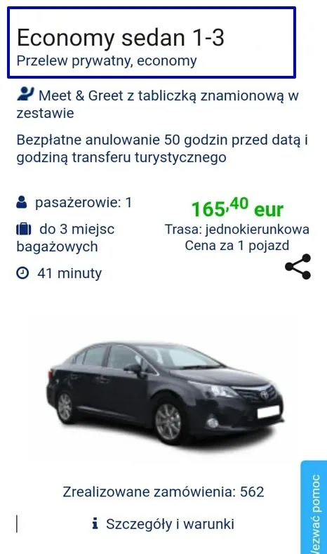 Klasa samochodu do osobistego transferu